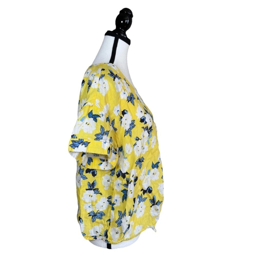 Charter Club Luxury 100% Linen Top Large Yellow Floral V-Neck Short Sleeve Tie - Picture 2 of 6